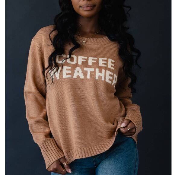 Brown Cream Graphic Coffee Weather Long Sleeve Sweater - Picture 2 of 5